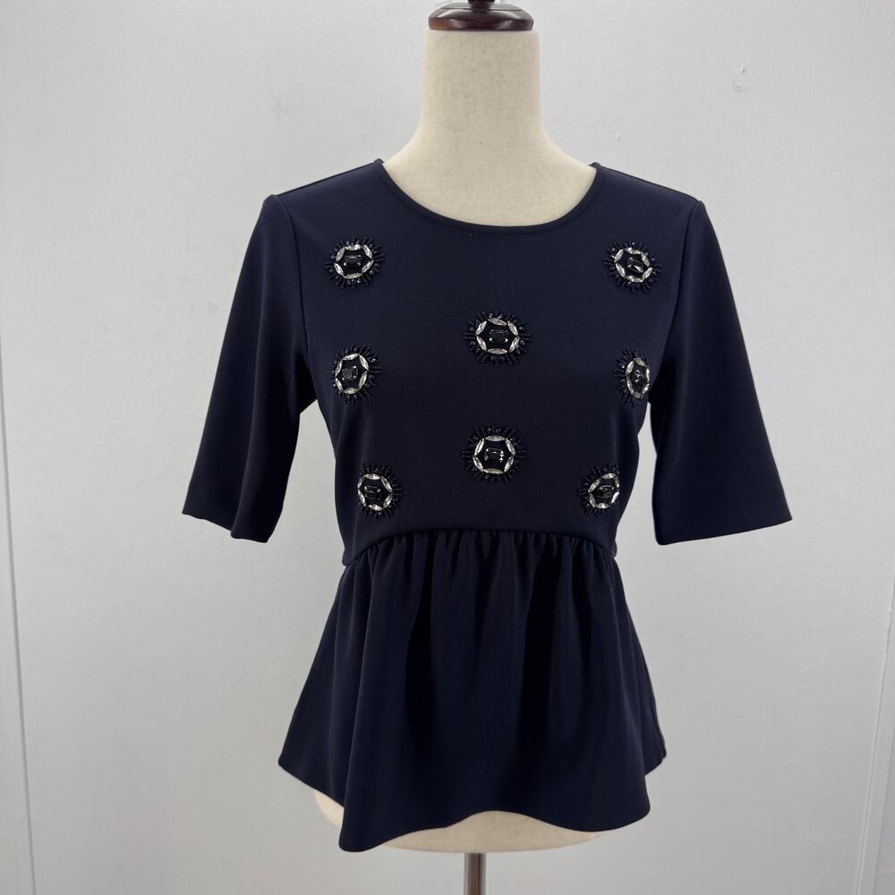 NWT Ann Taylor Navy Blue Embellished Peplum Blouse sz SP Casual Business Church